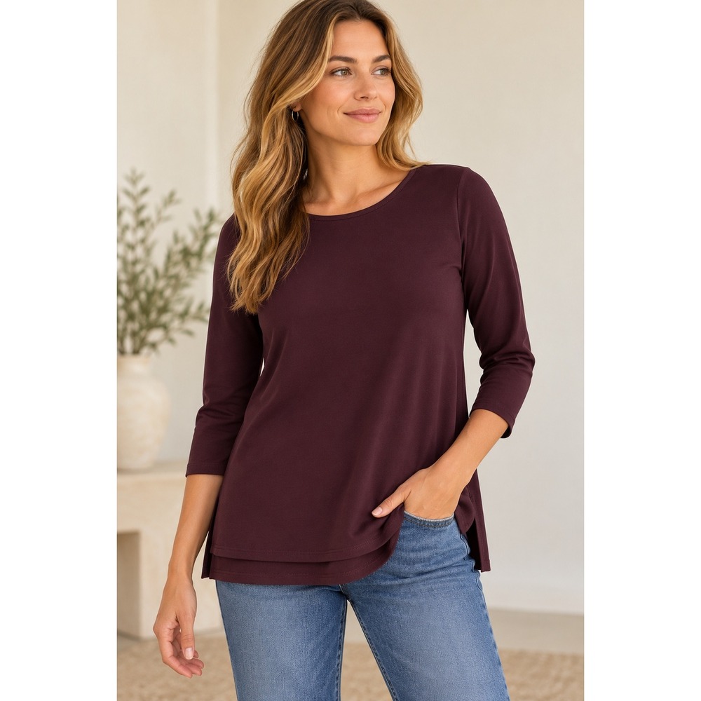 Eileen Fisher XS Dark Plum Lyocell Stretch 3/4 Sleeve Tunic Top Side Slit Crew